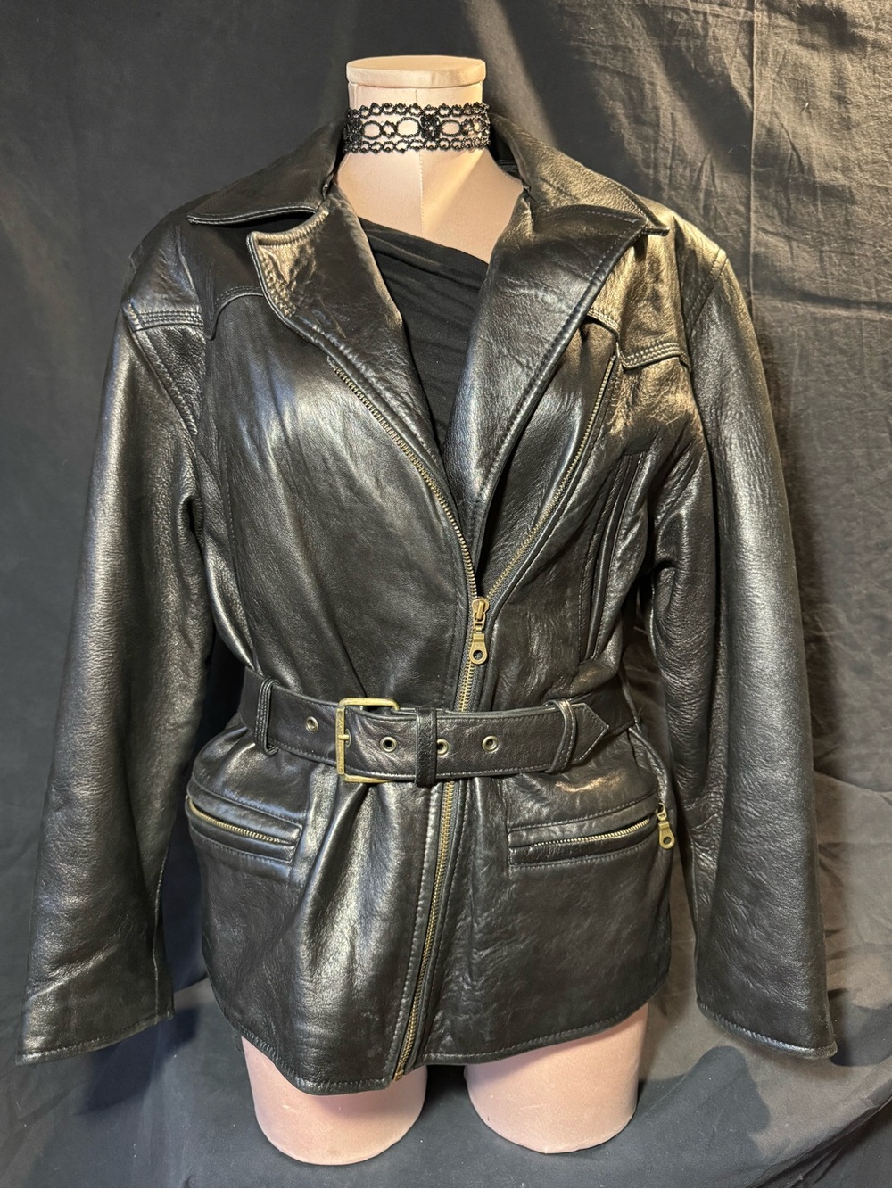 Classic Black Leather Belted Jacket